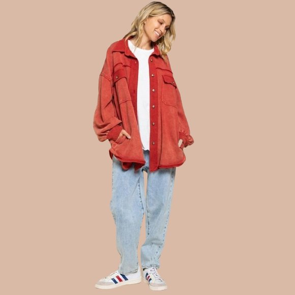 POL Red French Terry Oversized Shacket with Raw Seems - Picture 5 of 5